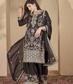 Black chinon stitched top with stitched chinon bottom and chinon dupatta full sleeve embroidered straight kurta
