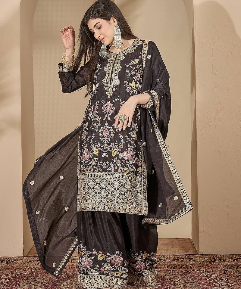 Black chinon stitched top with stitched chinon bottom and chinon dupatta full sleeve embroidered straight kurta