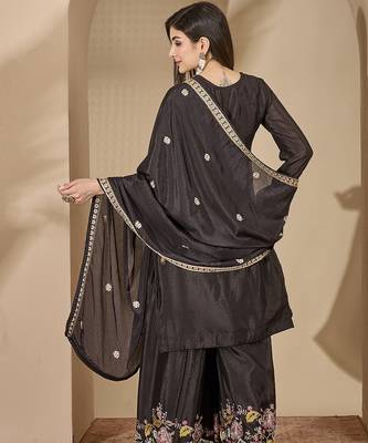 Black chinon stitched top with stitched chinon bottom and chinon dupatta full sleeve embroidered straight kurta 2