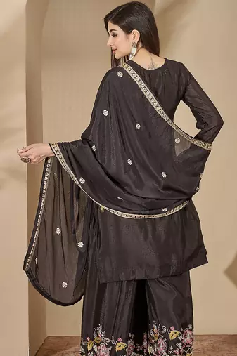 Black chinon stitched top with stitched chinon bottom and chinon dupatta full sleeve embroidered straight kurta