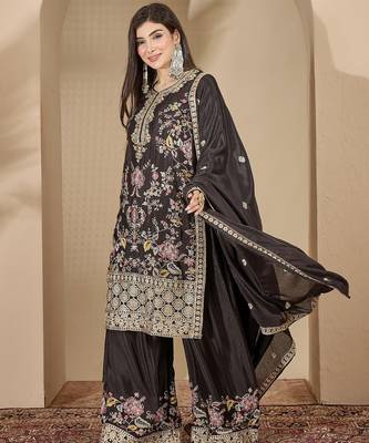Black chinon stitched top with stitched chinon bottom and chinon dupatta full sleeve embroidered straight kurta 3