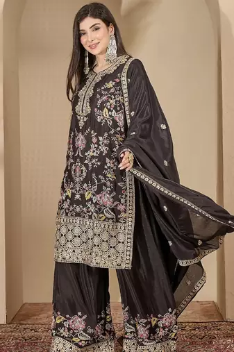 Black chinon stitched top with stitched chinon bottom and chinon dupatta full sleeve embroidered straight kurta