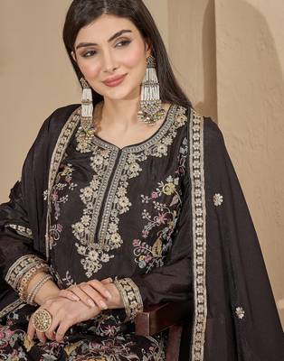 Black chinon stitched top with stitched chinon bottom and chinon dupatta full sleeve embroidered straight kurta 4