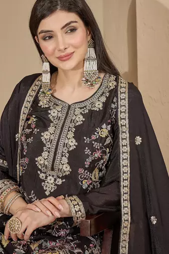Black chinon stitched top with stitched chinon bottom and chinon dupatta full sleeve embroidered straight kurta