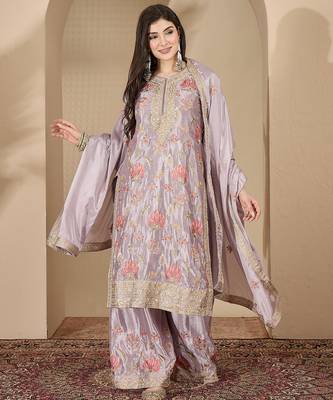 Grey chinon stitched top with stitched chinon bottom and chinon dupatta full sleeve embroidered straight kurta 1