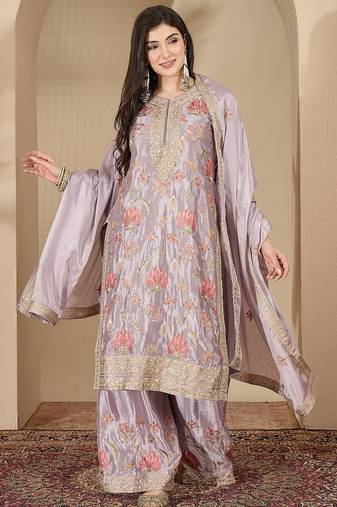 Grey chinon stitched top with stitched chinon bottom and chinon dupatta full sleeve embroidered straight kurta