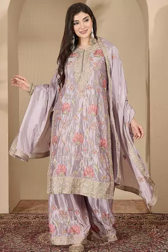 Grey chinon stitched top with stitched chinon bottom and chinon dupatta full sleeve embroidered straight kurta