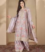 Grey chinon stitched top with stitched chinon bottom and chinon dupatta full sleeve embroidered straight kurta