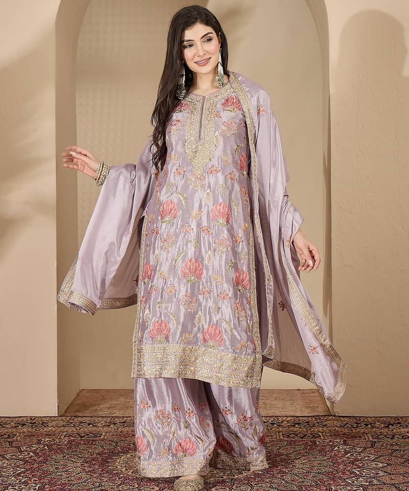 Grey chinon stitched top with stitched chinon bottom and chinon dupatta full sleeve embroidered straight kurta