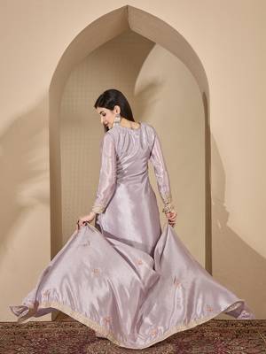 Grey chinon stitched top with stitched chinon bottom and chinon dupatta full sleeve embroidered straight kurta 2