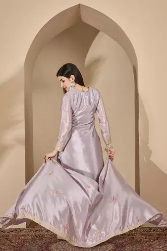 Grey chinon stitched top with stitched chinon bottom and chinon dupatta full sleeve embroidered straight kurta