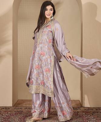 Grey chinon stitched top with stitched chinon bottom and chinon dupatta full sleeve embroidered straight kurta 3