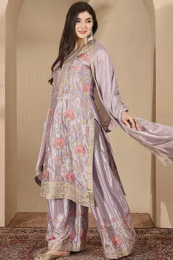Grey chinon stitched top with stitched chinon bottom and chinon dupatta full sleeve embroidered straight kurta