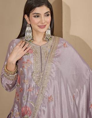 Grey chinon stitched top with stitched chinon bottom and chinon dupatta full sleeve embroidered straight kurta 4