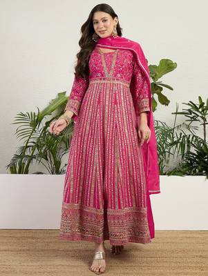Pink chinon stitched gown with dupatta full sleeve embroidered anarkali gown 1