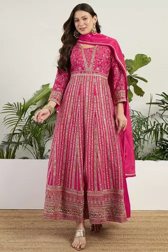 Pink chinon stitched gown with dupatta full sleeve embroidered anarkali gown