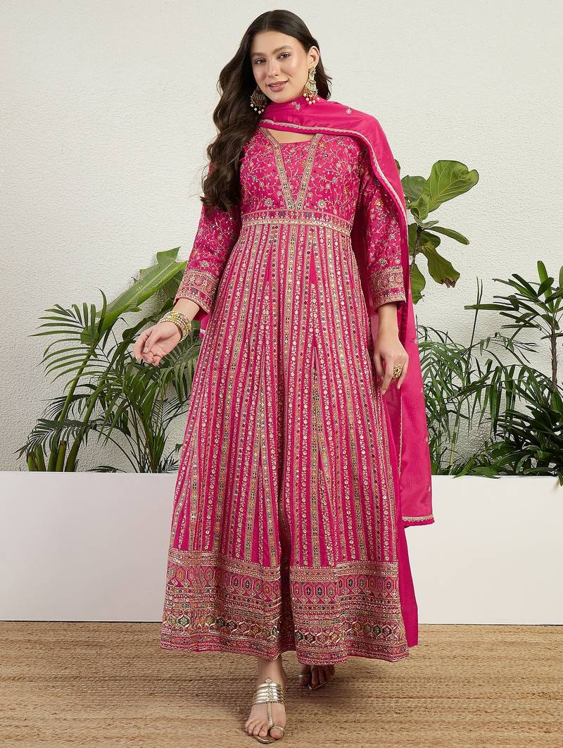 Pink chinon stitched gown with dupatta full sleeve embroidered anarkali gown