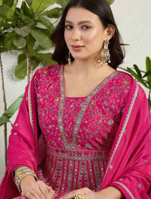 Pink chinon stitched gown with dupatta full sleeve embroidered anarkali gown 4