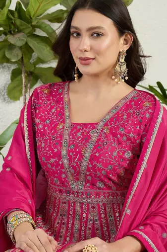 Pink chinon stitched gown with dupatta full sleeve embroidered anarkali gown