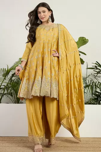 Yellow chinon stitched top with stitched chinon bottom and chinon dupatta 3/4 sleeve embroidered a-line kurta