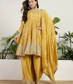 Yellow chinon stitched top with stitched chinon bottom and chinon dupatta 3/4 sleeve embroidered a-line kurta