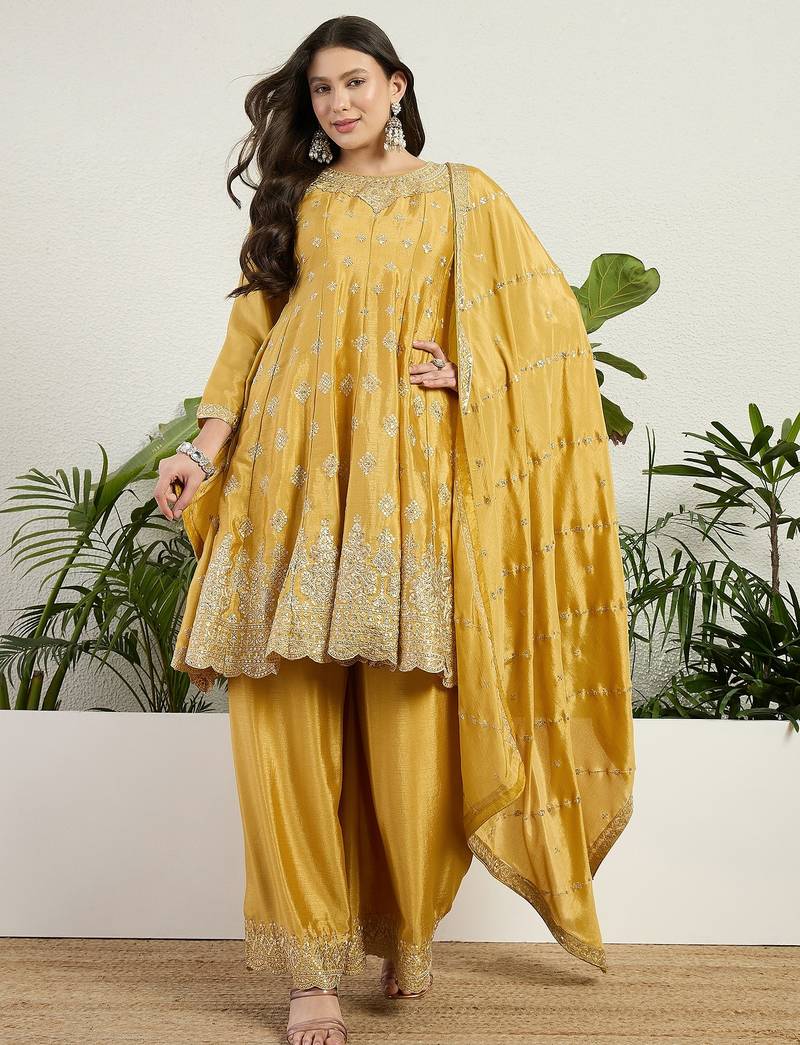 Yellow chinon stitched top with stitched chinon bottom and chinon dupatta 3/4 sleeve embroidered a-line kurta