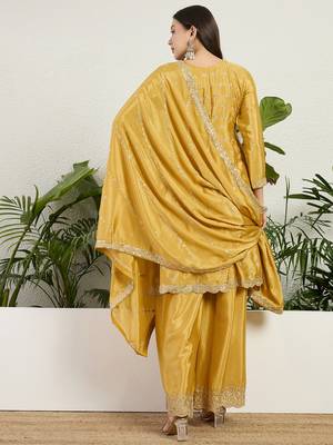 Yellow chinon stitched top with stitched chinon bottom and chinon dupatta 3/4 sleeve embroidered a-line kurta 2