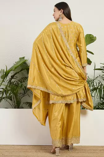 Yellow chinon stitched top with stitched chinon bottom and chinon dupatta 3/4 sleeve embroidered a-line kurta
