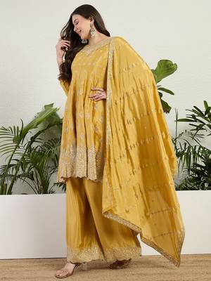 Yellow chinon stitched top with stitched chinon bottom and chinon dupatta 3/4 sleeve embroidered a-line kurta 3