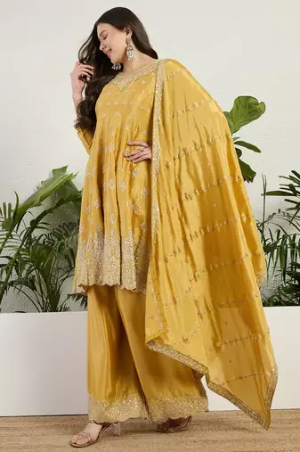 Yellow chinon stitched top with stitched chinon bottom and chinon dupatta 3/4 sleeve embroidered a-line kurta