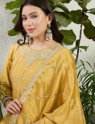 Yellow chinon stitched top with stitched chinon bottom and chinon dupatta 3/4 sleeve embroidered a-line kurta 4