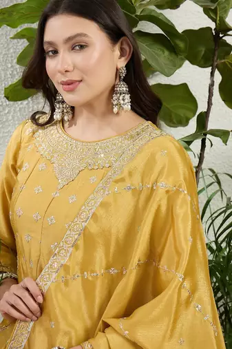Yellow chinon stitched top with stitched chinon bottom and chinon dupatta 3/4 sleeve embroidered a-line kurta