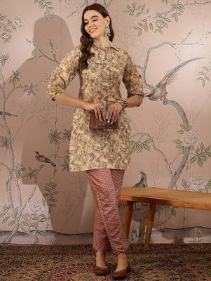 Cream cotton stitched top with stitched cotton bottom and - dupatta 3/4 sleeve printed straight top 1