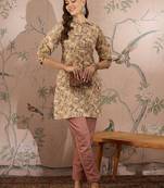 Cream cotton stitched top with stitched cotton bottom and - dupatta 3/4 sleeve printed straight top