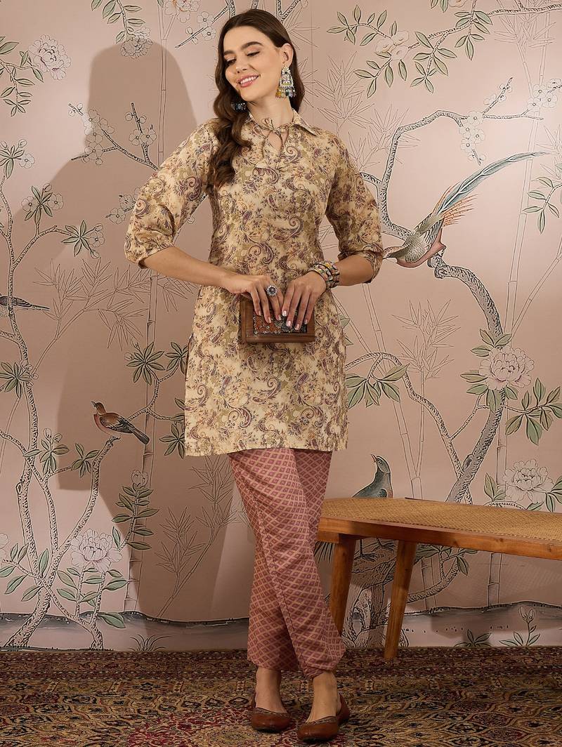 Cream cotton stitched top with stitched cotton bottom and - dupatta 3/4 sleeve printed straight top
