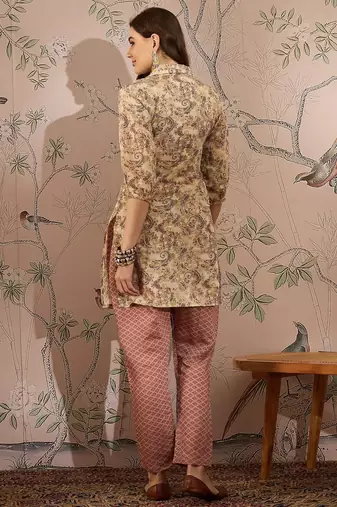 Cream cotton stitched top with stitched cotton bottom and - dupatta 3/4 sleeve printed straight top