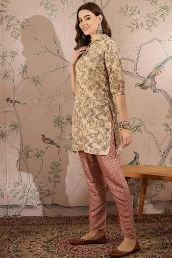 Cream cotton stitched top with stitched cotton bottom and - dupatta 3/4 sleeve printed straight top