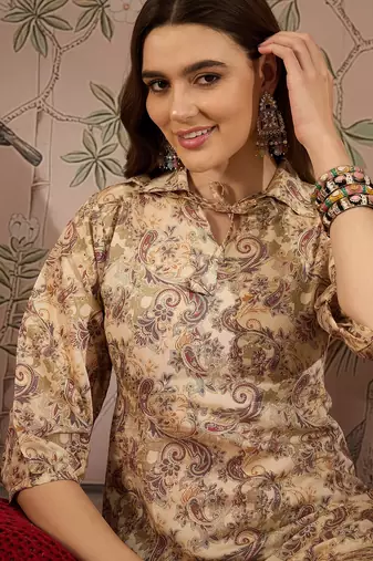 Cream cotton stitched top with stitched cotton bottom and - dupatta 3/4 sleeve printed straight top