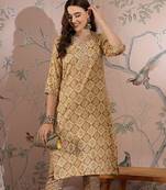 Cream cotton stitched top with stitched cotton bottom and - dupatta 3/4 sleeve printed straight top