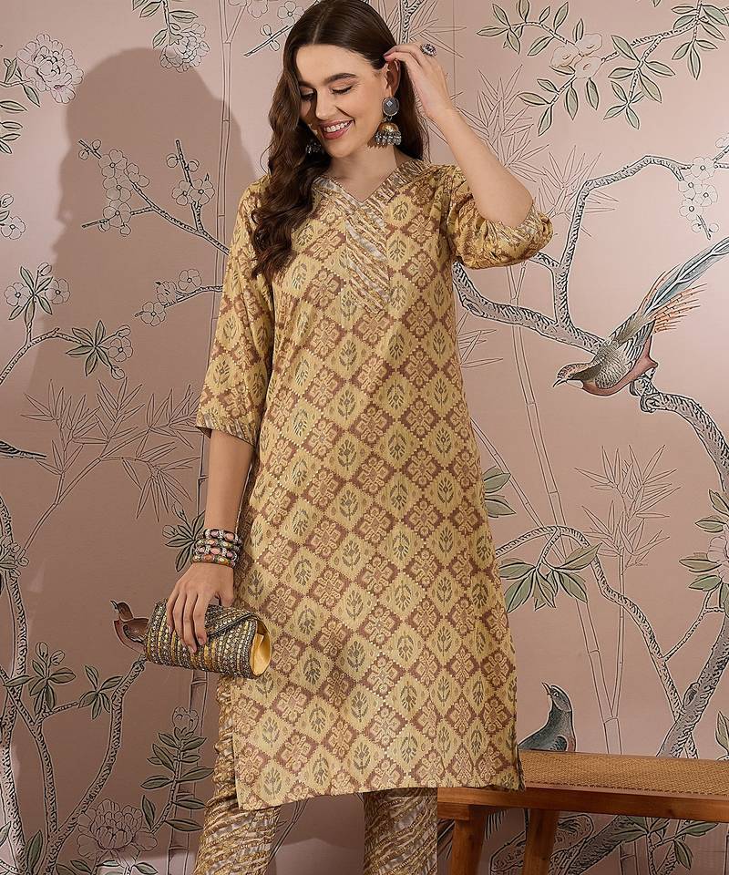 Cream cotton stitched top with stitched cotton bottom and - dupatta 3/4 sleeve printed straight top