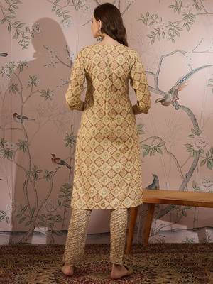Cream cotton stitched top with stitched cotton bottom and - dupatta 3/4 sleeve printed straight top 2