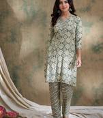 Green cotton stitched top with stitched cotton bottom and - dupatta 3/4 sleeve printed straight top