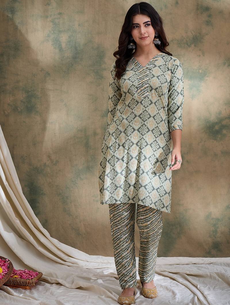 Green cotton stitched top with stitched cotton bottom and - dupatta 3/4 sleeve printed straight top