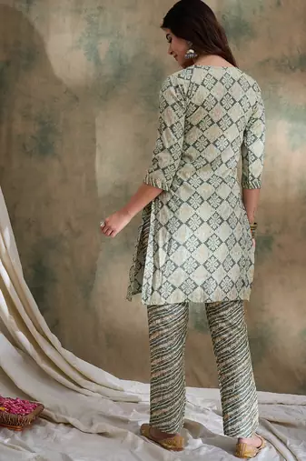 Green cotton stitched top with stitched cotton bottom and - dupatta 3/4 sleeve printed straight top