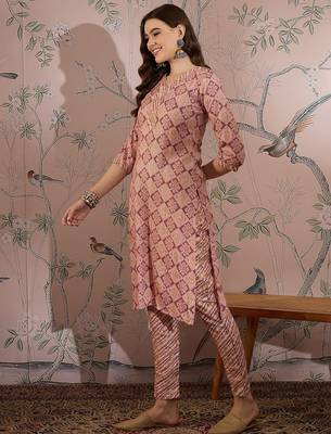 Light purple cotton stitched top with stitched cotton bottom and - dupatta 3/4 sleeve printed straight top 3