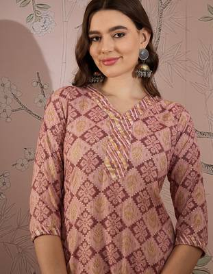 Light purple cotton stitched top with stitched cotton bottom and - dupatta 3/4 sleeve printed straight top 4