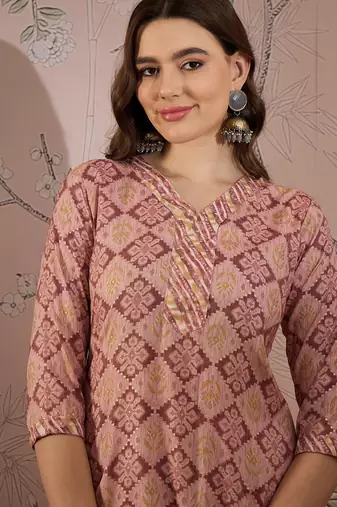 Light purple cotton stitched top with stitched cotton bottom and - dupatta 3/4 sleeve printed straight top