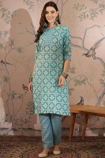 Blue cotton stitched top with stitched cotton bottom and - dupatta 3/4 sleeve printed straight top