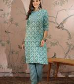 Blue cotton stitched top with stitched cotton bottom and - dupatta 3/4 sleeve printed straight top