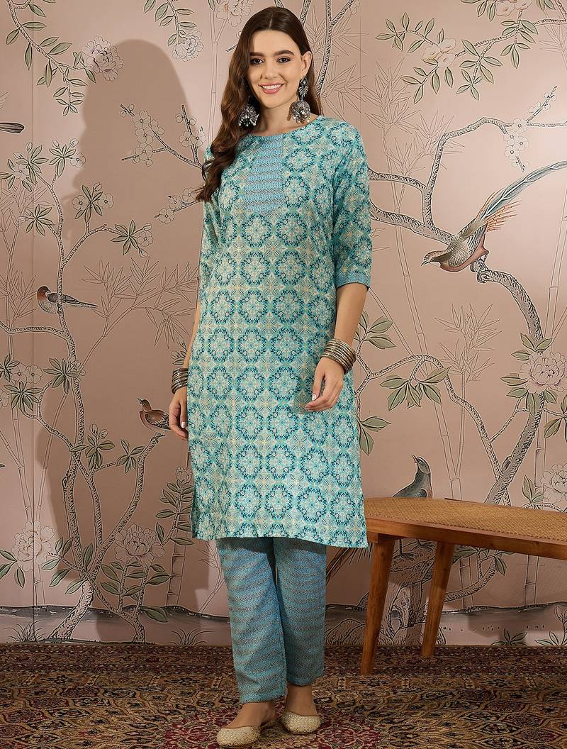 Blue cotton stitched top with stitched cotton bottom and - dupatta 3/4 sleeve printed straight top